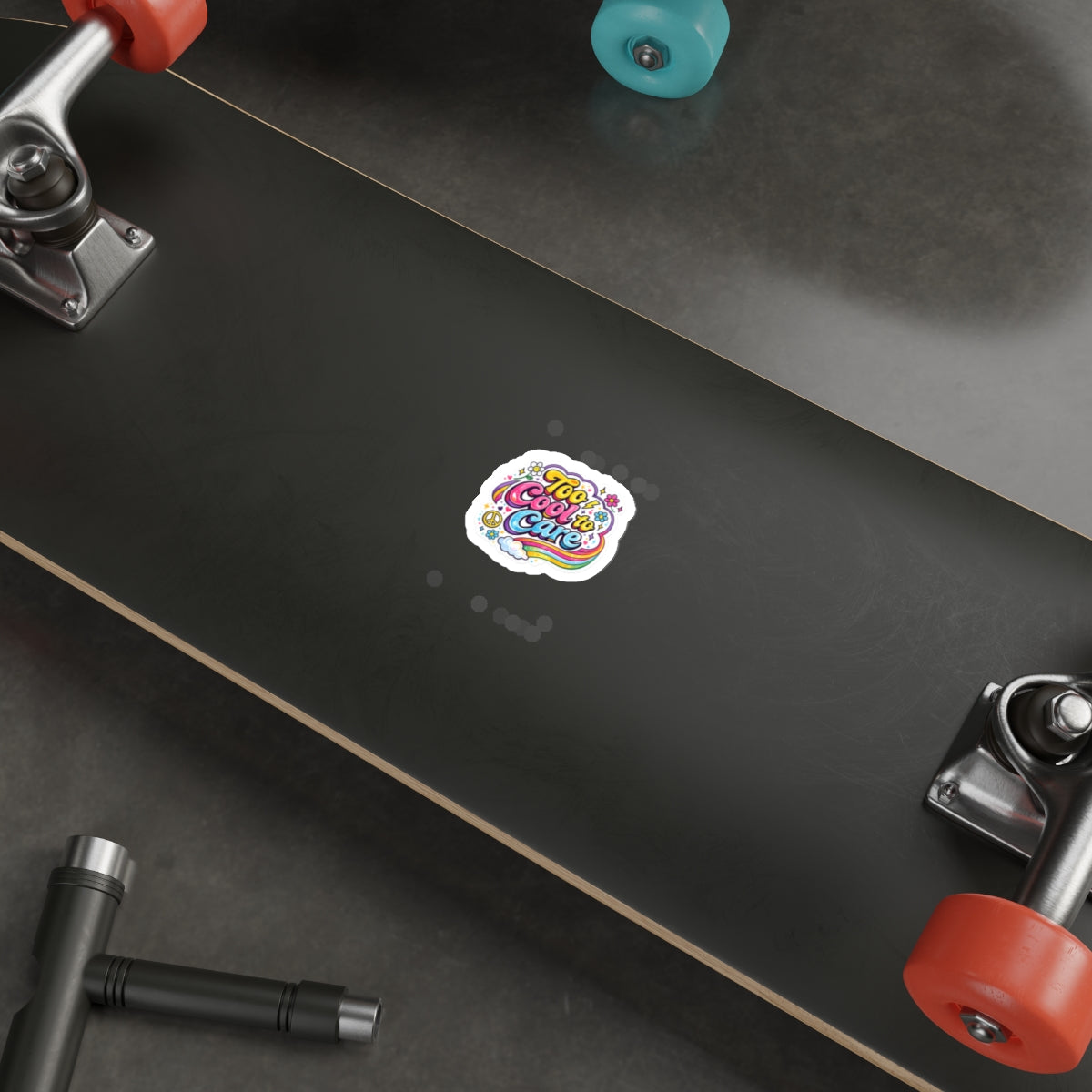 Too Cool to Care Rainbow Die-Cut Sticker — Retro 70s Peace & Flower Laptop Decal
