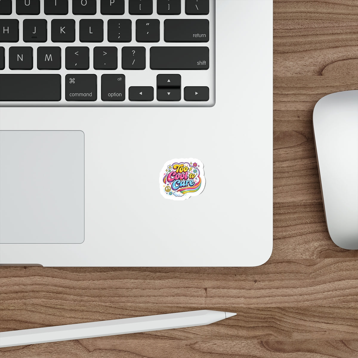 Too Cool to Care Rainbow Die-Cut Sticker — Retro 70s Peace & Flower Laptop Decal
