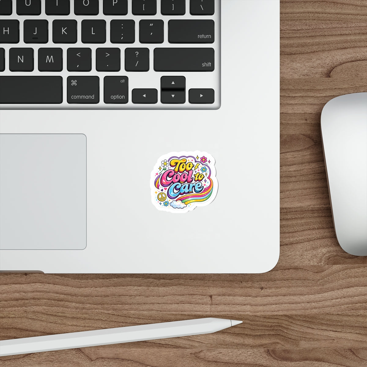 Too Cool to Care Rainbow Die-Cut Sticker — Retro 70s Peace & Flower Laptop Decal